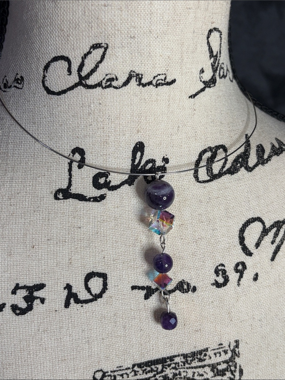 Vintage Upcycle Amethyst and Aurora Borealis Crystal Wire Choker Retro Dopamine